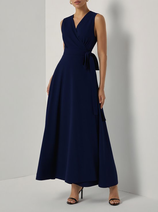 Purplish Blue Bow Lyocell Linen Wrap V Neck Sleeveless A-Line Maxi Dress