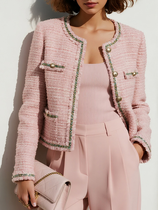 Women Spring/Fall Pink Pocket Stitching Webbing Tweed Jacket