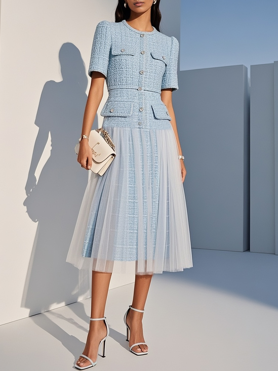 Light Blue Braided Strap Mesh Tweed Crew Neck Short Sleeve A-Line Midi Dress