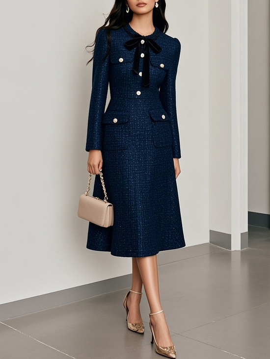 Dark Blue Bow Buckle Tweed Crew Neck Long Sleeve A-Line Midi Dress