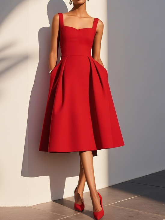 Red Pocket Stitching Classic Sweetheart Neckline Sleeveless A-Line Midi Dress
