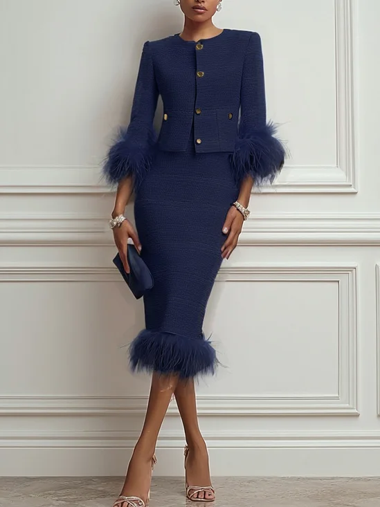 Women Tweed Purplish blue Feather-trimmed Buckle Crew Neck Three Quarter Sleeve Dressy Coat With Skirt Two-Piece Set