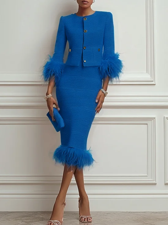 Women Tweed Blue Feather-trimmed Buckle Crew Neck Three Quarter Sleeve Dressy Coat With Skirt Two-Piece Set