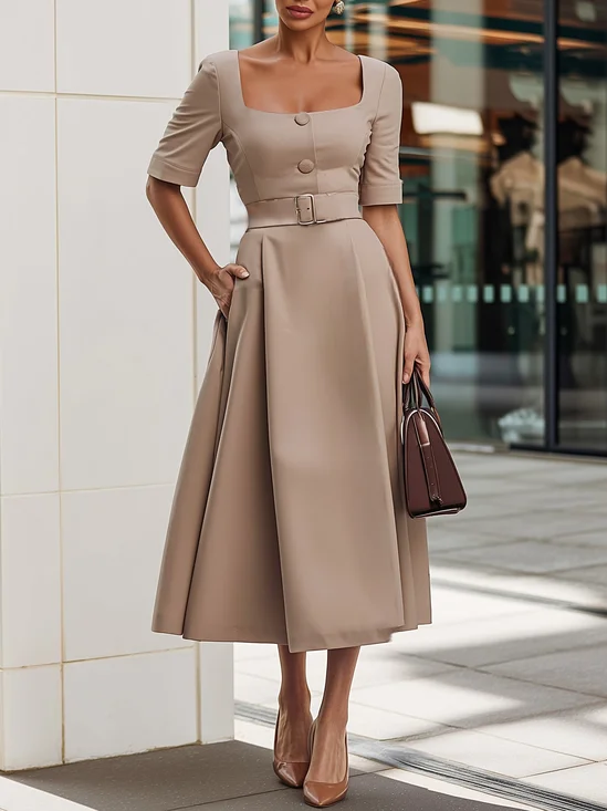 Khaki Buckle Cotton Square Neck Half Sleeve A-Line Midi Dress