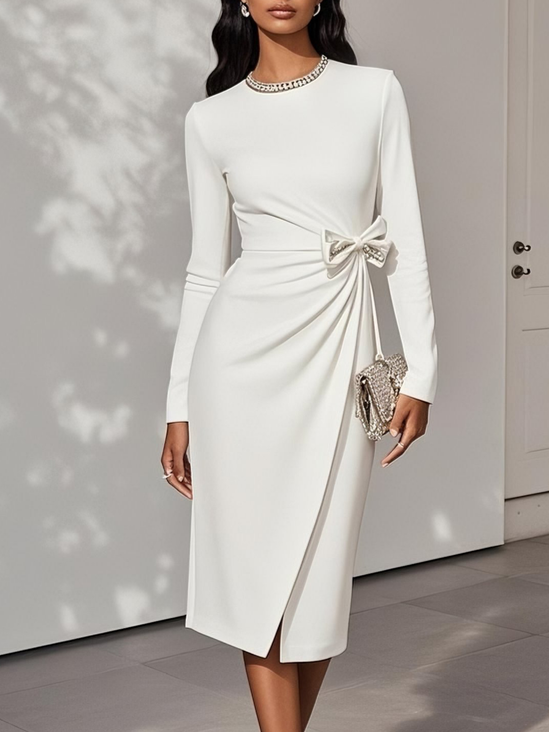 White Rhinestone Bow Classic Crew Neck Long Sleeve Sheath Midi Dress