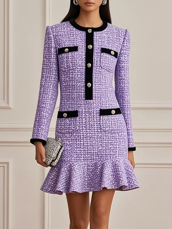 Purple Pocket Stitching Piping Tweed Crew Neck Long Sleeve Mermaid Mini Dress