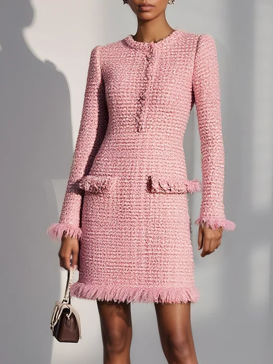 Pink Feather Tweed Crew Neck Long Sleeve H-Line Mini Dress