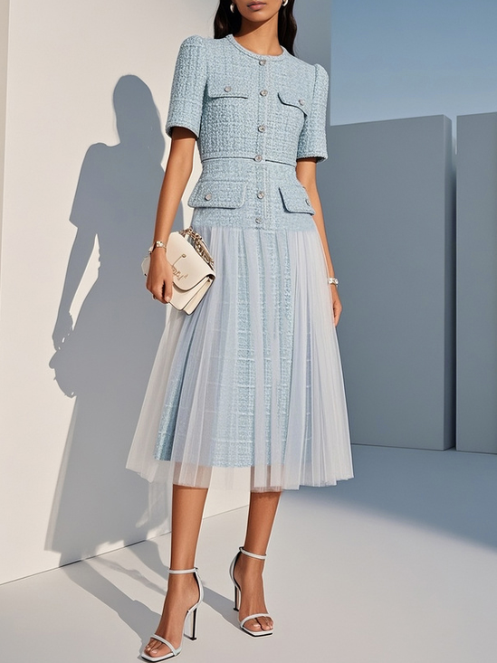 Light Blue Braided Strap Mesh Tweed Crew Neck Short Sleeve A-Line Midi Dress