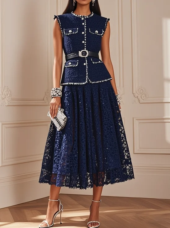 Women Tweed Purplish blue Piping Lace Crew Neck Sleeveless Dressy Coat With Skirt  Two-Piece Set
