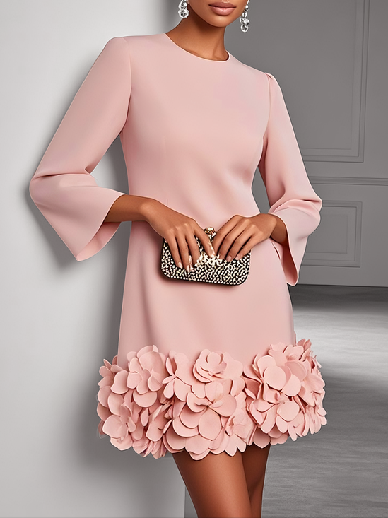 Pink 3D Floral Classic Crew Neck Long Sleeve Shift Mini Dress