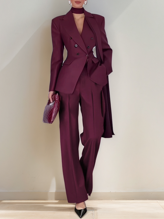 Women Wine Red Buckle Shoulder Pad Lapel Collar Long Sleeve Dressy Coat With Pants Two-Piece Set
