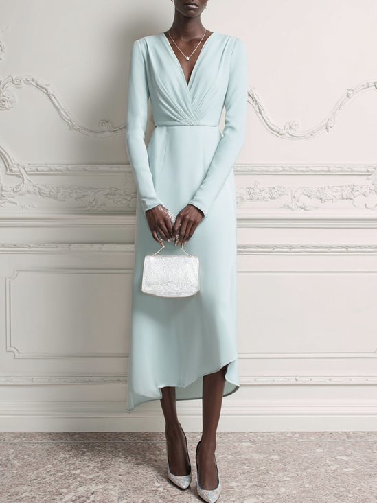 Green Ruched Knit V Neck Long Sleeve A-Line Maxi Dress