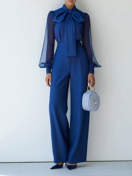Women Royal Blue Mesh Bow Tie Neck Long Sleeve Dressy Jumpsuit