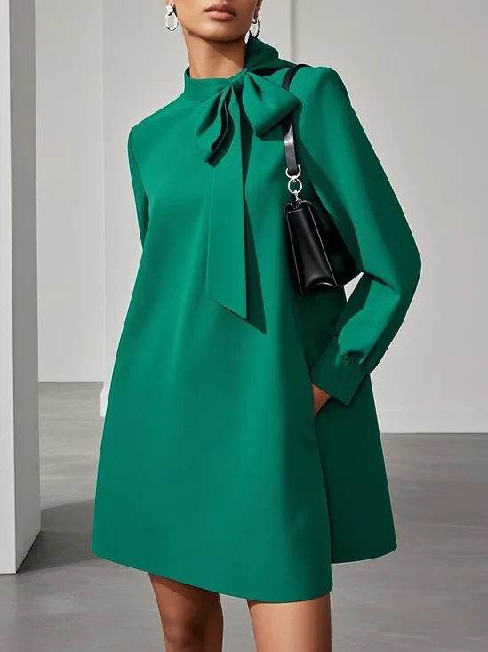 Green Bow Classic Tie Neck Long Sleeve A-Line Mini Dress