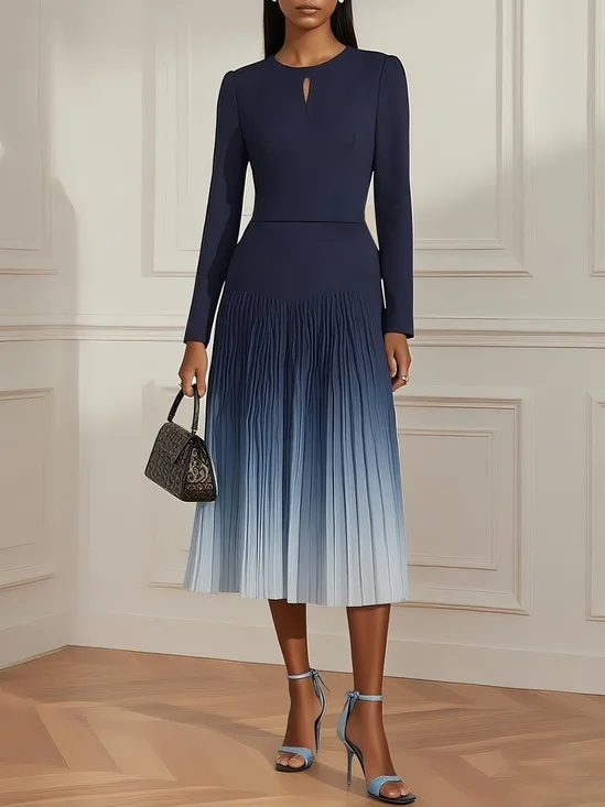 Navy Blue Ombre Pleated Hollow Out Classic Crew Neck Long Sleeve A-Line Midi Dress