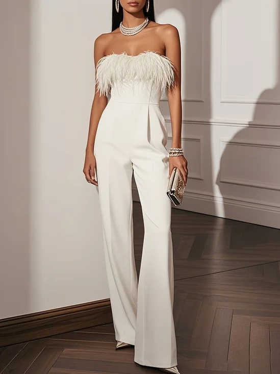 Women White Feather-trimmed Strapless Sleeveless Dressy Jumpsuit
