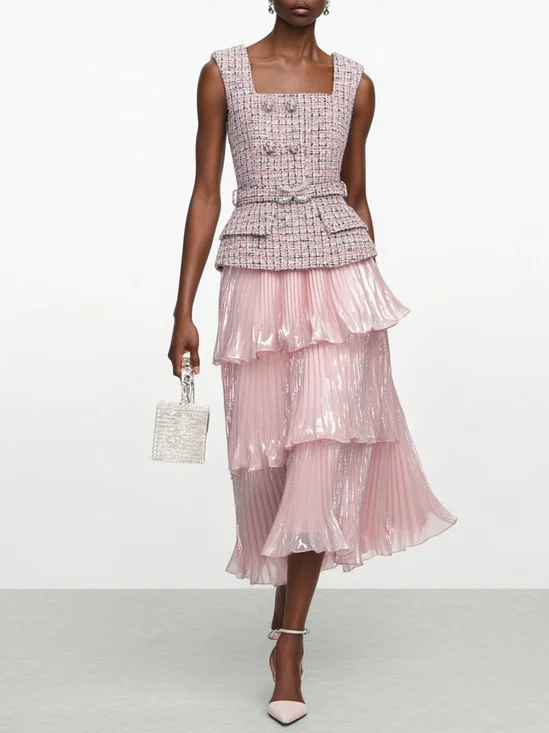 Women Pink Tweed Buckle Square Neck Sleeveless Dressy Top With Skirt Two-Piece Set