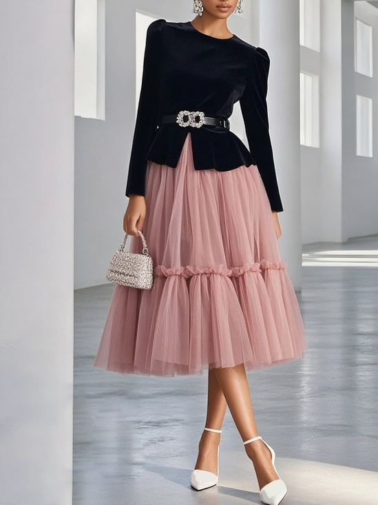 Women Pink Ruched Crew Neck Long Sleeve Dressy Top With Skirt Two-Piece Set
