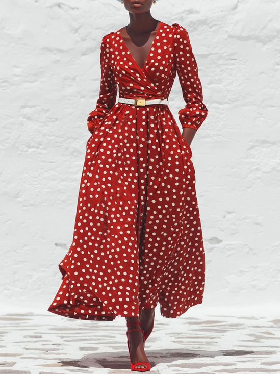 Red Polka Dots Ruched Classic V Neck Sleeveless A-Line Maxi Dress
