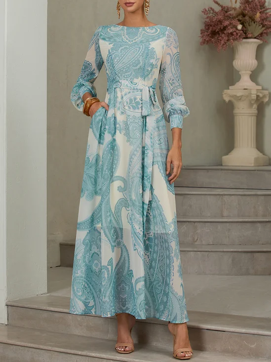 Light Blue Floral Chiffon Crew Neck Long Sleeve Balloon Sleeve A-Line Maxi Dress