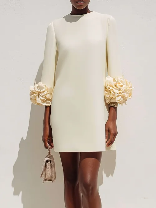 Off White 3D Floral Classic Crew Neck Three Quarter Sleeve Shift Mini Dress