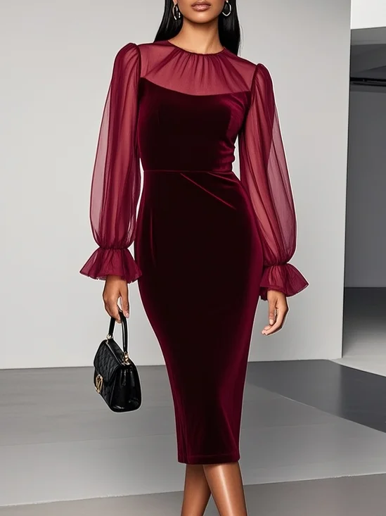 Wine Red Mesh Velvet Crew Neck Long Sleeve Bell Sleeve Sheath Knee Length Dress
