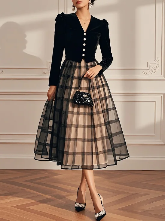 Black Buckle Mesh Velvet V Neck Long Sleeve A-Line Midi Dress