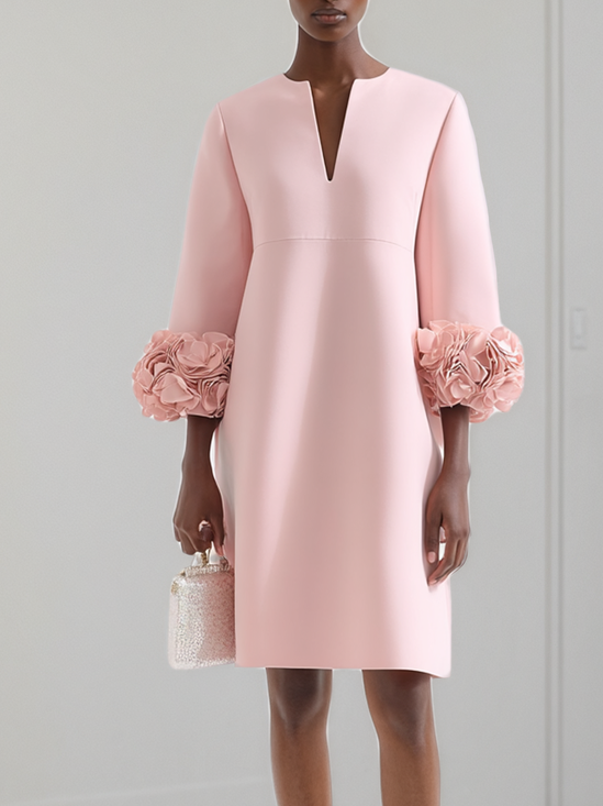 Pink 3D Floral Classic Notched Long Sleeve A-Line Midi Dress