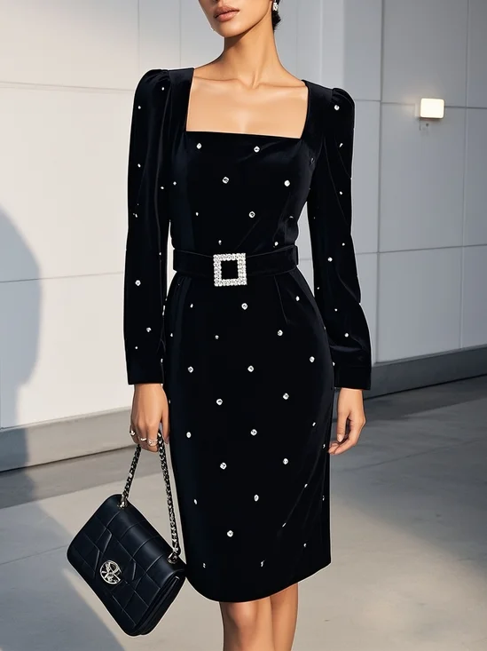 Black Hot Drilling Rhinestone Velvet Square Neck Long Sleeve Sheath Mini Dress