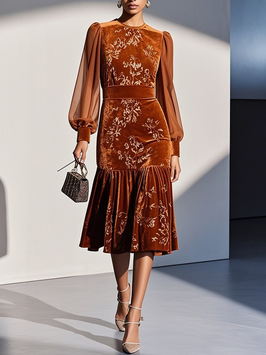 Caramel Mesh Velvet Crew Neck Long Sleeve Balloon Sleeve Mermaid Midi Dress