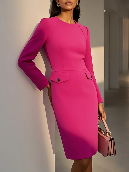 Rose Red Buckle Classic Crew Neck Long Sleeve Sheath Mini Dress