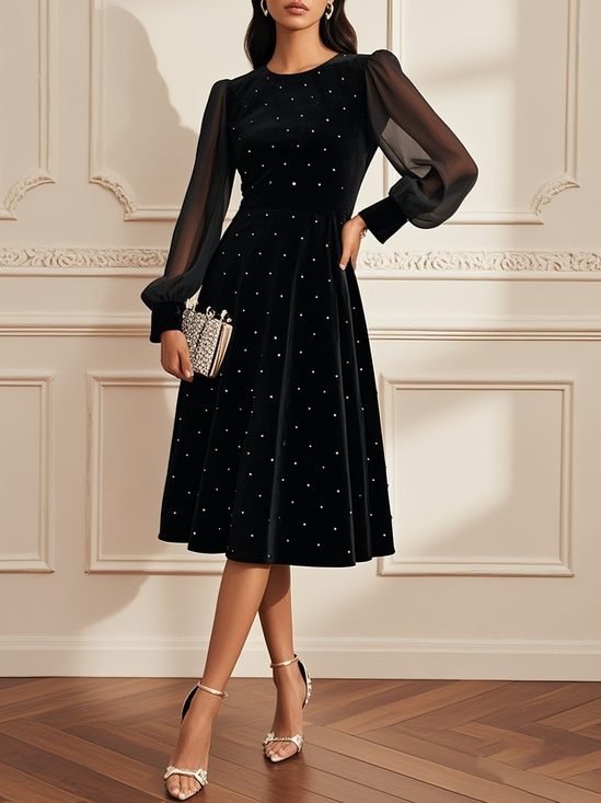 Black Hot Drilling Mesh Velvet Crew Neck Long Sleeve Balloon Sleeve A-Line Midi Dress