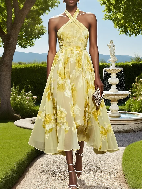 Yellow Floral Chiffon Halter Sleeveless A-Line Midi Dress