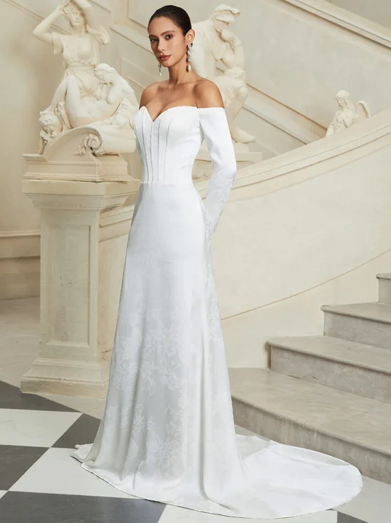 White Bridal/Wedding Dress Off The Shoulder Long Sleeve A-Line Gown Dress