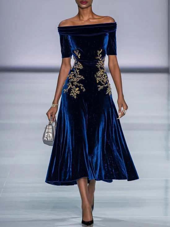 Deep Blue Applique Gathered Velvet Off The Shoulder Half Sleeve A-Line Midi Dress