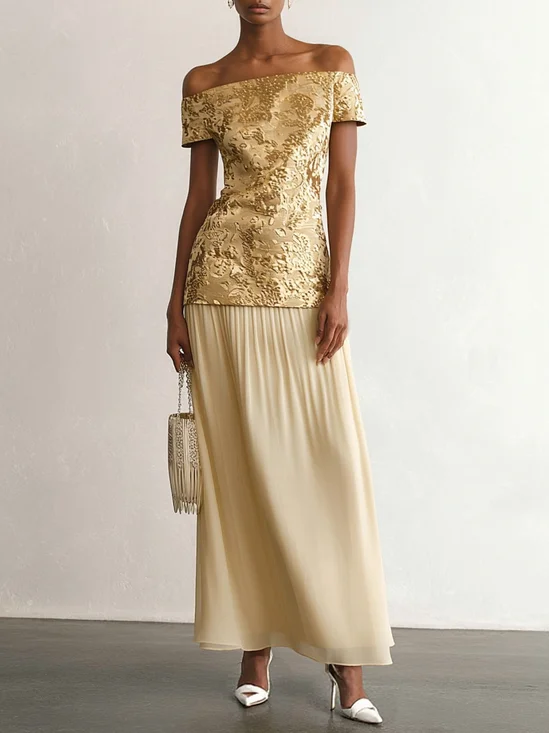 Golden Jacquard Split Joint Classic Off The Shoulder Short Sleeve A-Line Maxi Dress