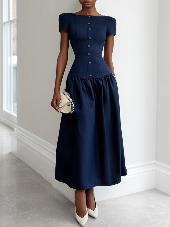 Purplish blue Ruched Buckle Classic Boat Neck Sleeveless A-Line Maxi Dress