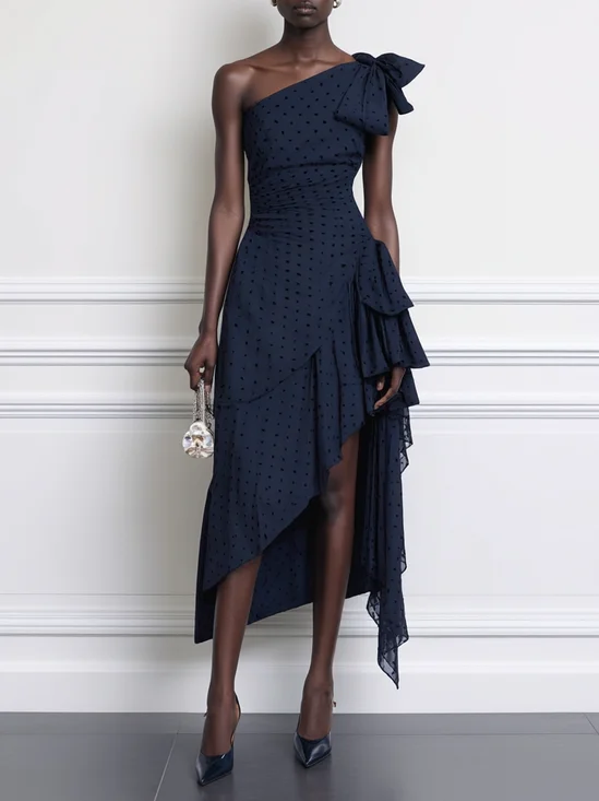 Purplish blue Polka Dots Bow Peplum Classic One Shoulder Sleeveless H-Line Maxi Dress