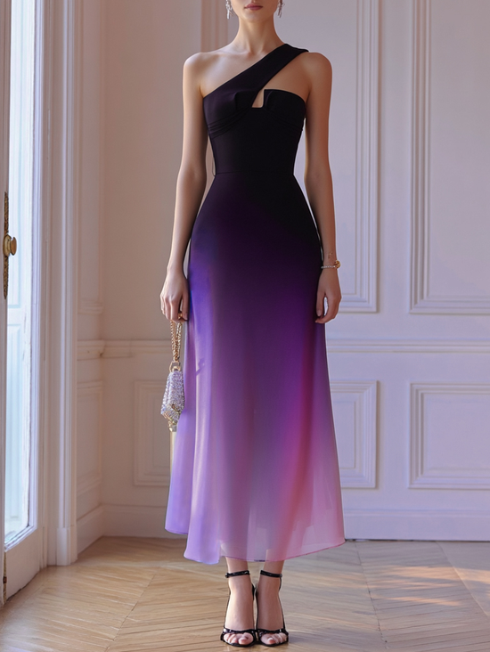 Purple Chiffon One Shoulder Sleeveless A-Line Maxi Dress