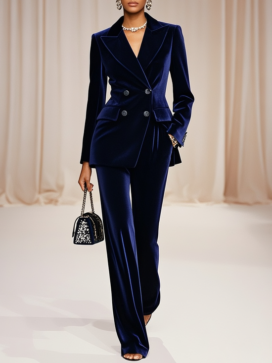 Women Navy Velvet Blue Piping Lapel Collar Long Sleeve Dressy Coat With Pants Two-Piece Set
