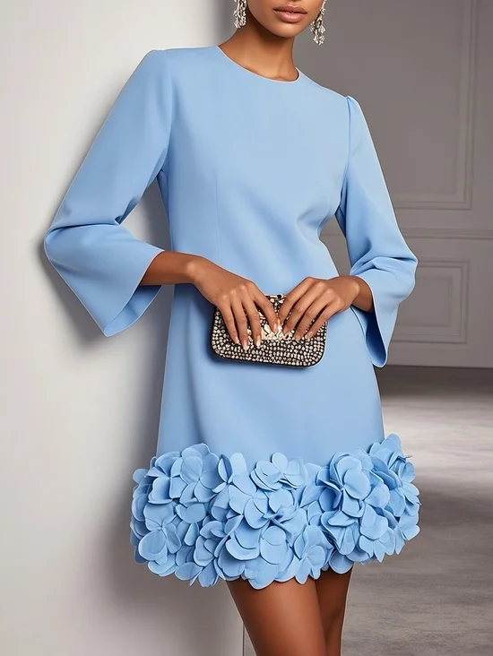 Light Blue 3D Floral Classic Crew Neck Long Sleeve Shift Mini Dress