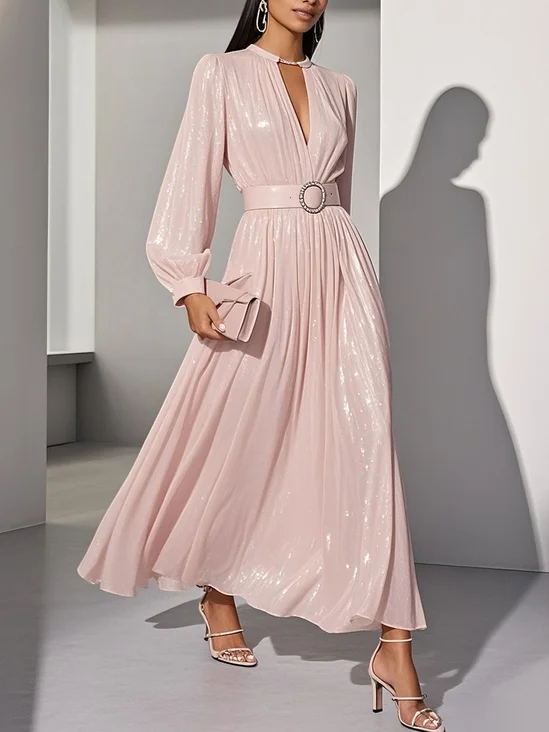 Light Pink Classic V Neck Long Sleeve Balloon Sleeve A-Line Maxi Dress
