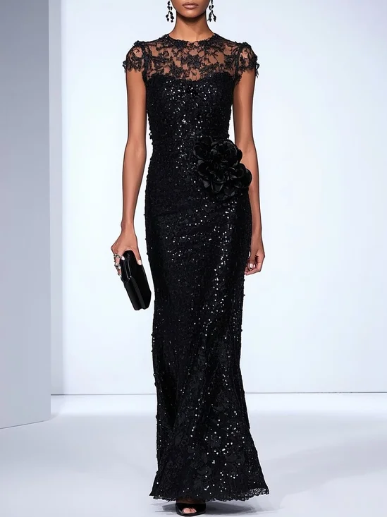 Black 3D Floral Lace Sequin Crew Neck Short Sleeve Sheath Maxi Dress