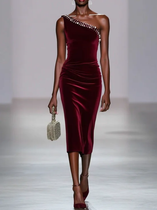 Wine Red Rhinestone Ruched Velvet One Shoulder Sleeveless Sheath Midi Dress
