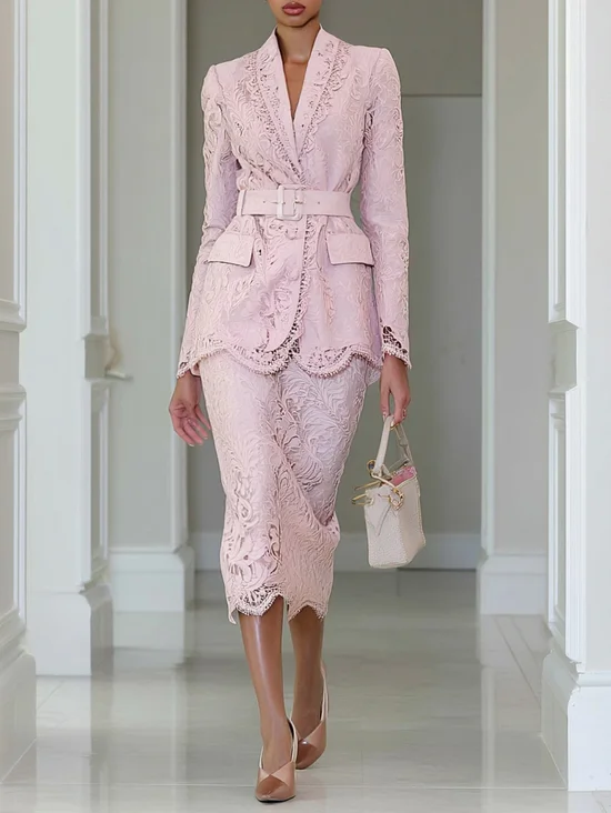 Women Pink Lace Pocket Stitching Shawl Collar Long Sleeve Elegant Coat With Skirt Two-Piece Set