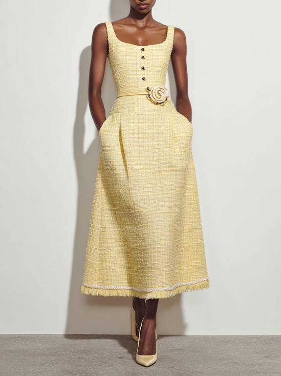 Yellow 3D Floral Buckle Tweed U-Neck Sleeveless A-Line Midi Dress
