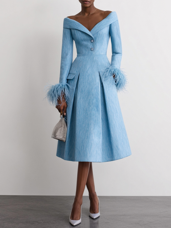 Blue Feather Buckle Classic Cold Shoulder Long Sleeve A-Line Midi Dress