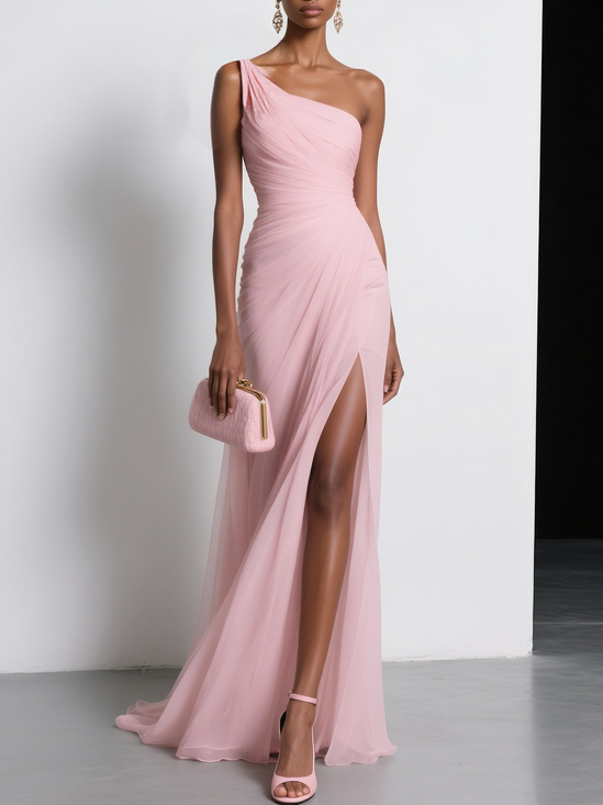 Pink Chiffon 3D Floral Ruched Slit One Shoulder Sleeveless Sheath Gown Dress