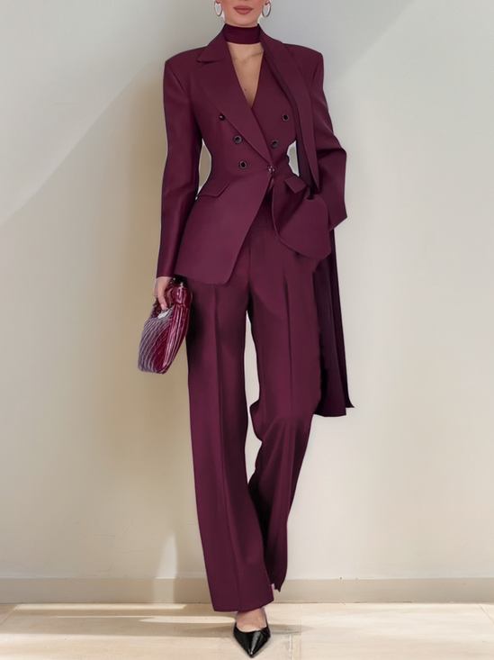 Women Wine Red Buckle Shoulder Pad Lapel Collar Long Sleeve Dressy Coat With Pants Two-Piece Set