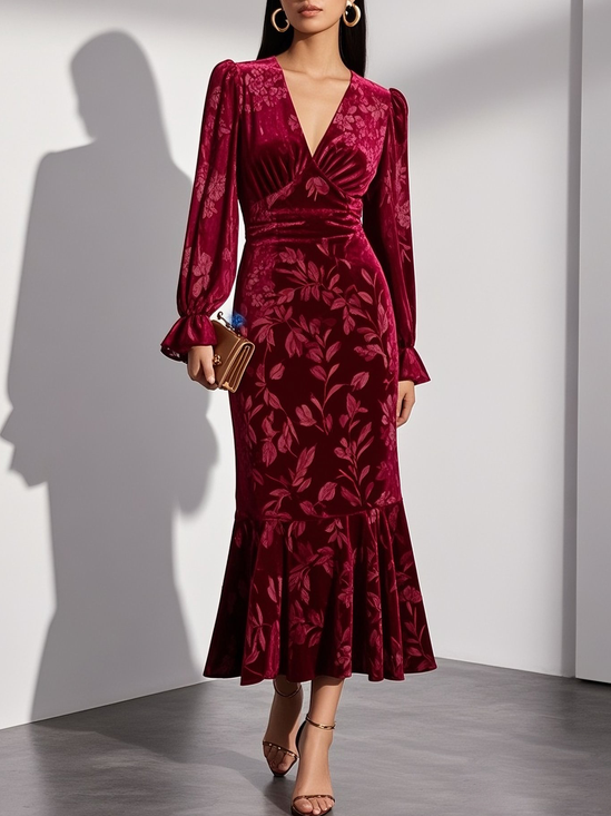 Wine Red Embossed Velvet V Neck Long Sleeve Bell Sleeve Mermaid Midi Dress